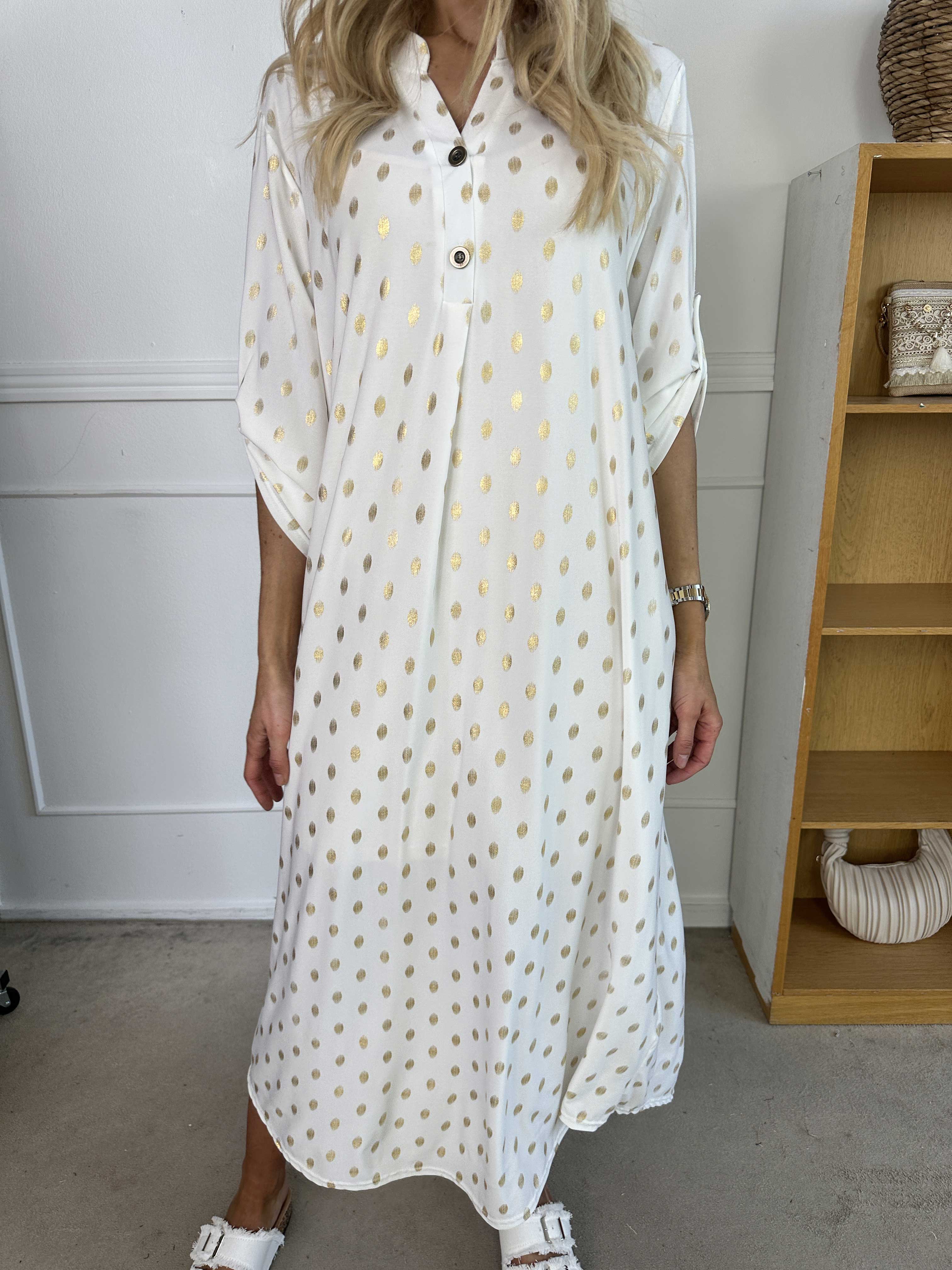 Ebba Gold Dress - Elastisk lang kjole med guld prikker